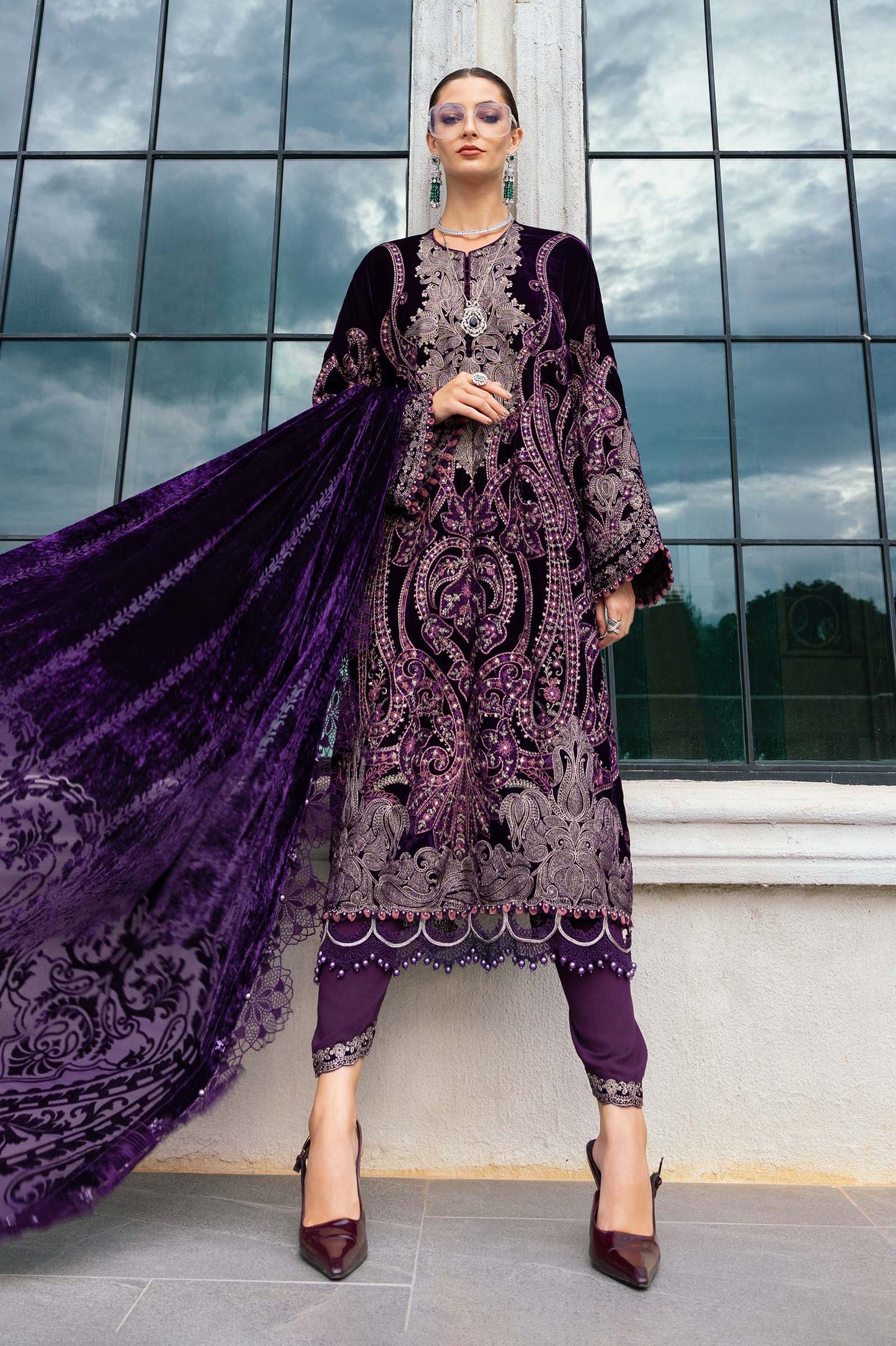 Maria.B Winter Luxe Embroidered Velvet Unstitched 3Pc Suit D-11