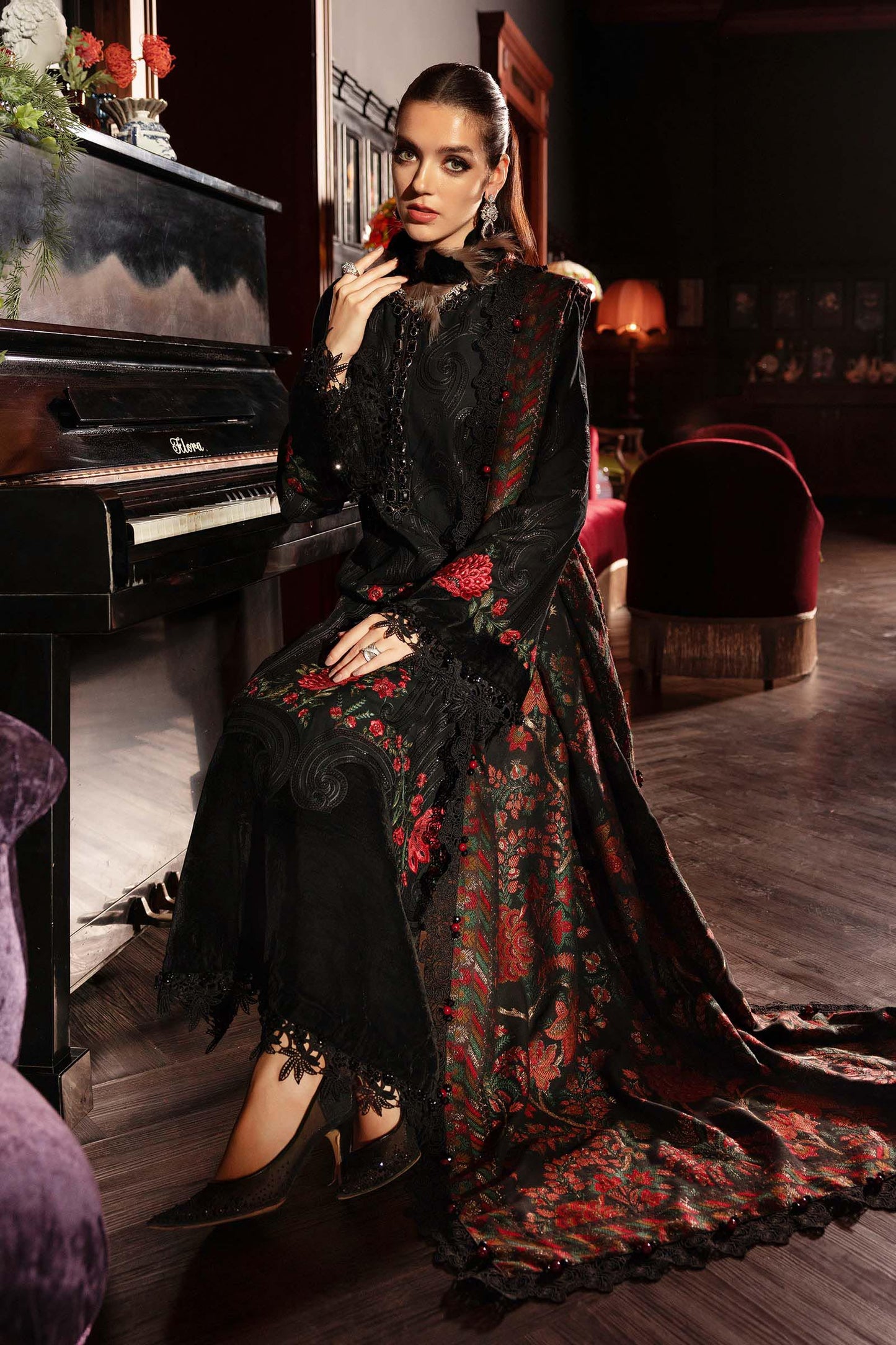 Maria.B Winter Luxe Embroidered Linen Unstitched 3Pc Suit D-09