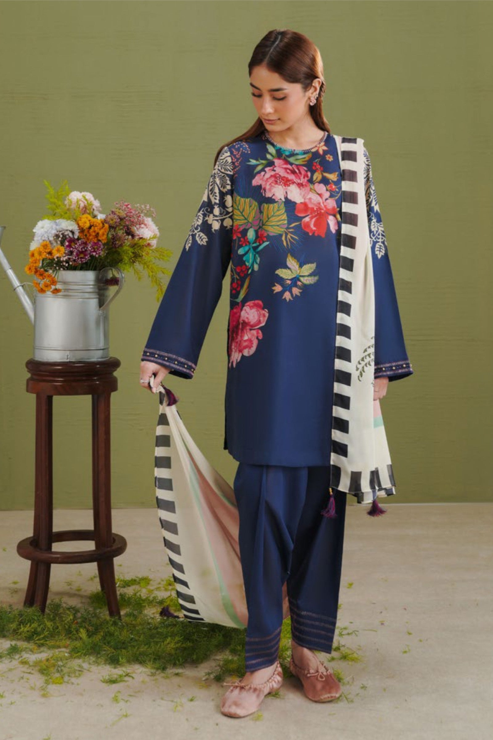 Midnight Blue Shirt with Tea Rose Dupatta Print