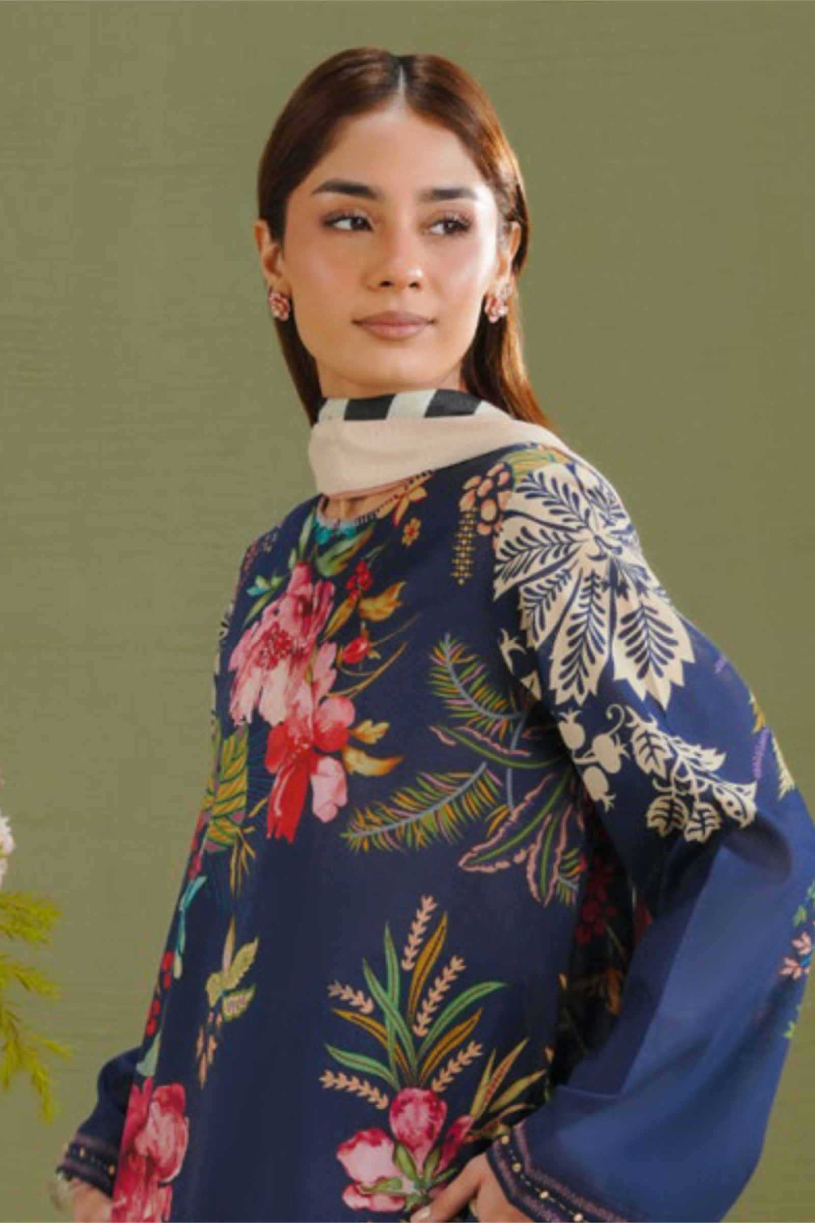 Midnight Blue Shirt with Tea Rose Dupatta Print