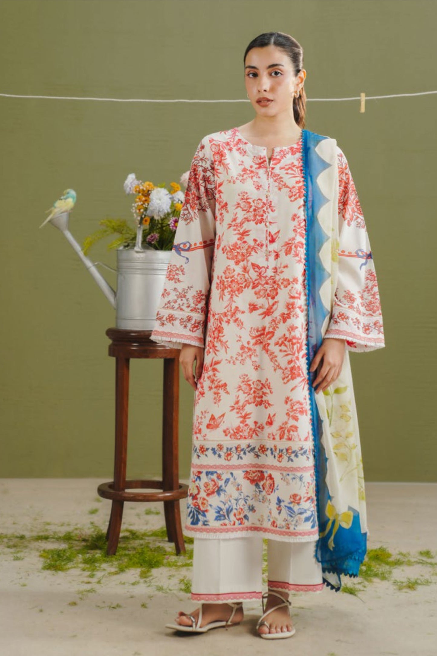 Pearl White Shirt with Cherry Red Floral Print