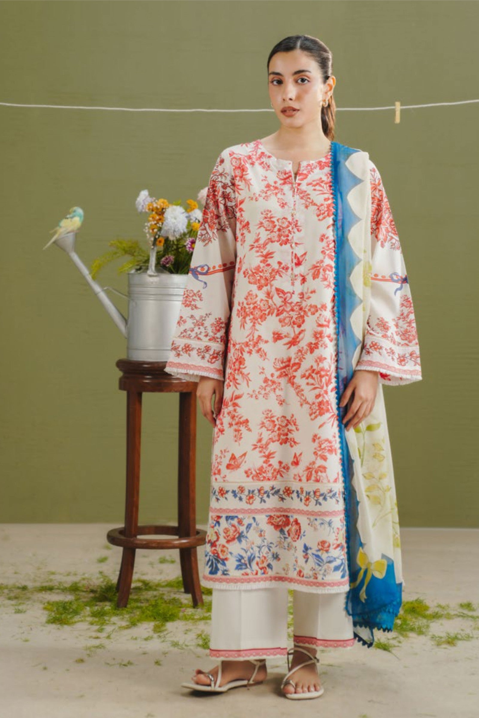 Pearl White Shirt with Cherry Red Floral Print