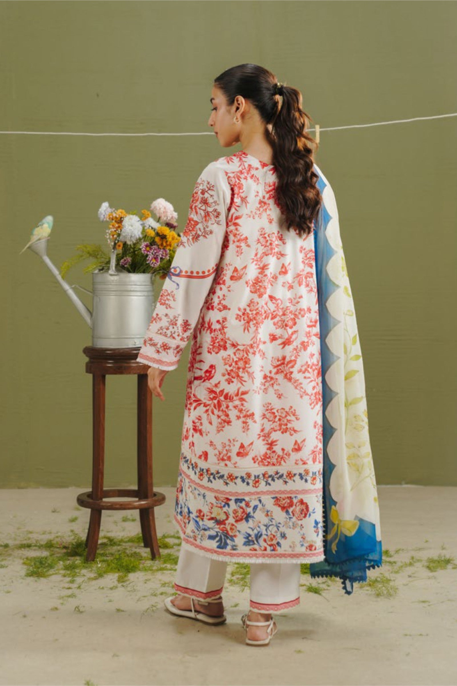 Pearl White Shirt with Cherry Red Floral Print