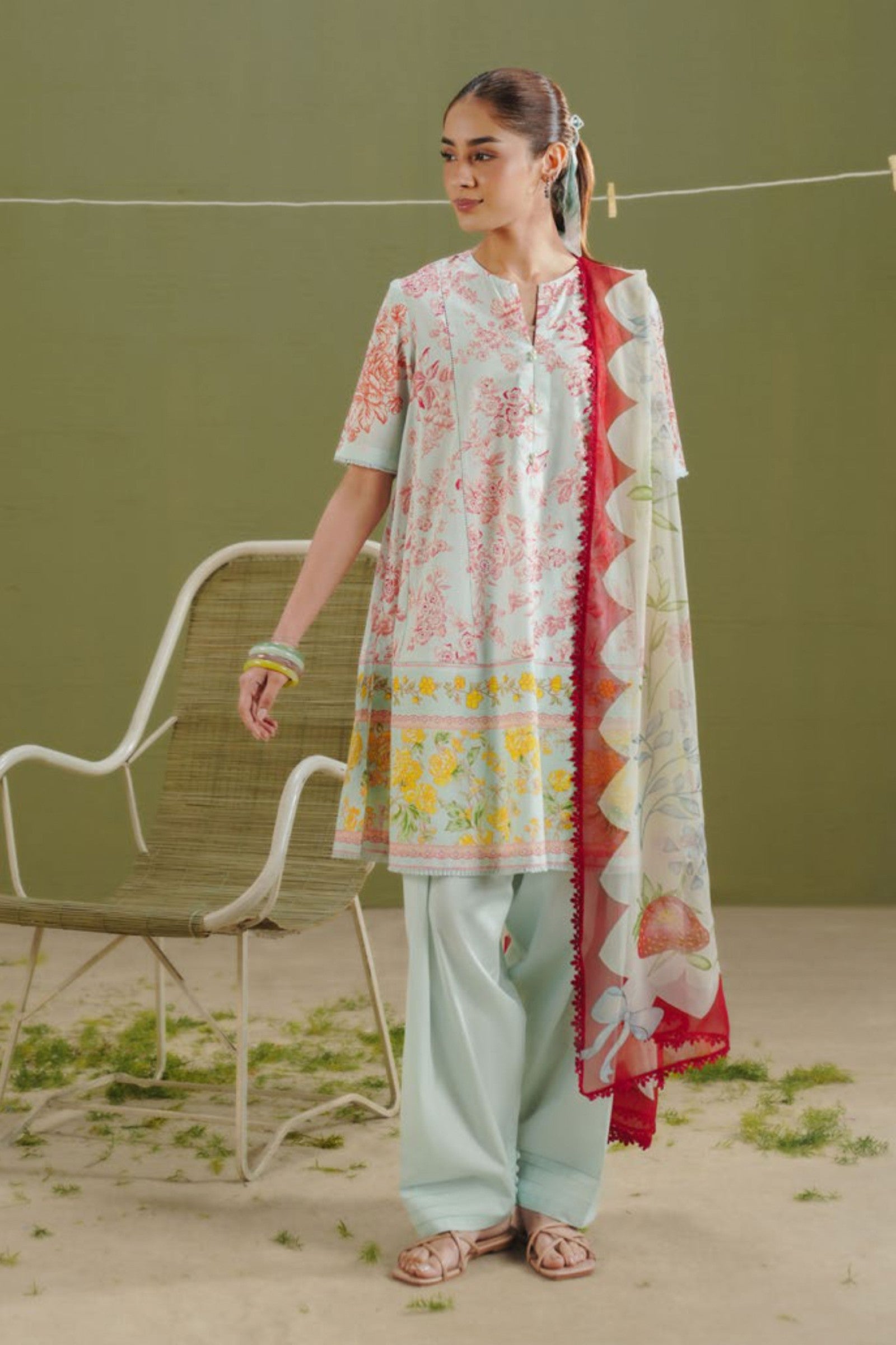 Ice Blue & Peach Printed Suit