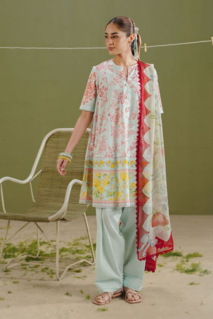 Ice Blue & Peach Printed Suit
