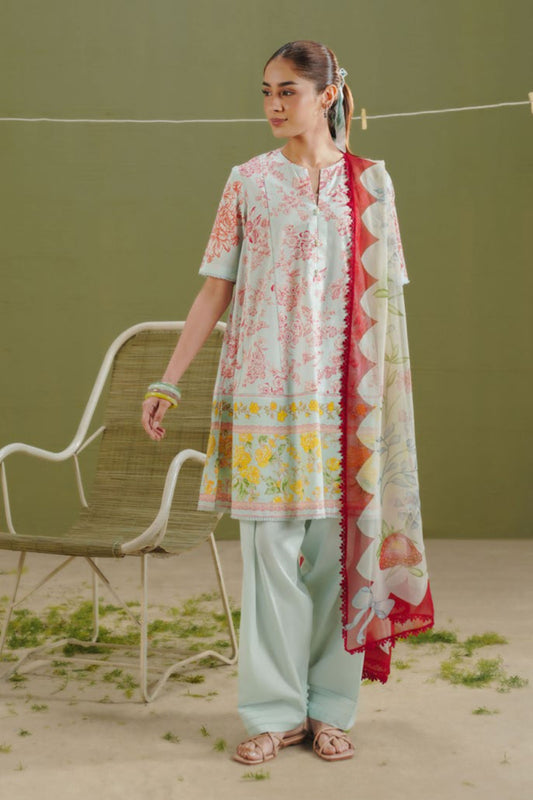 Ice Blue & Peach Printed Suit