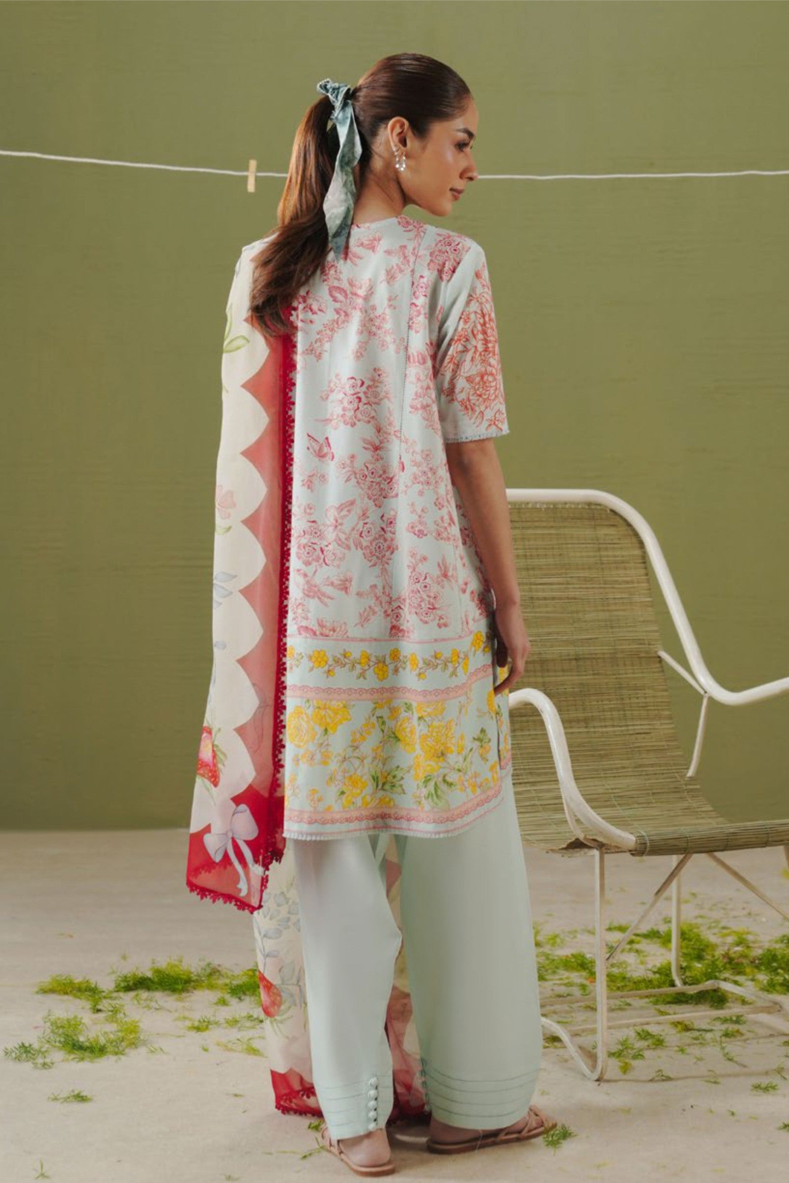 Ice Blue & Peach Printed Suit