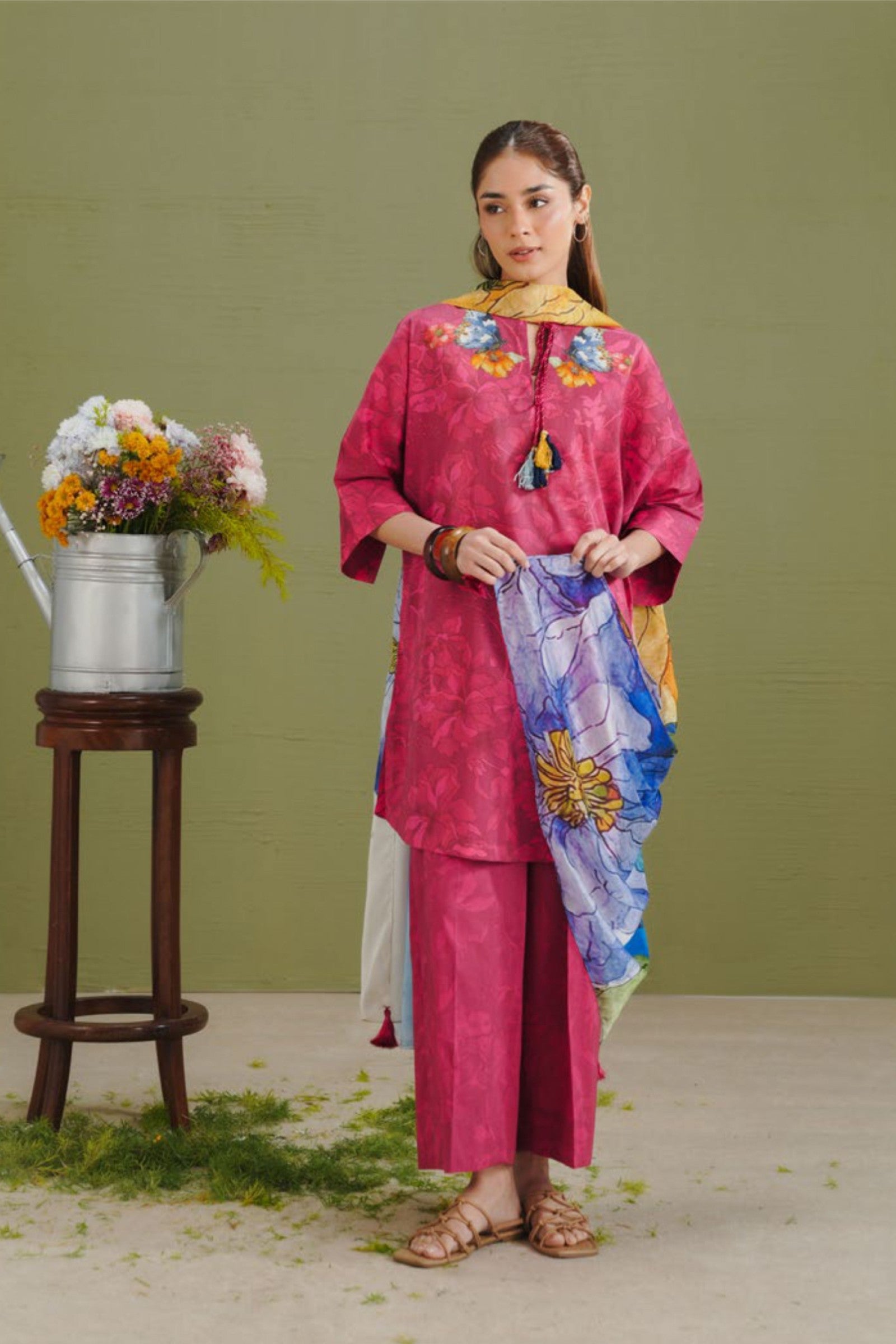 Cherry Red Shirt with Cobalt Blue Floral Dupatta