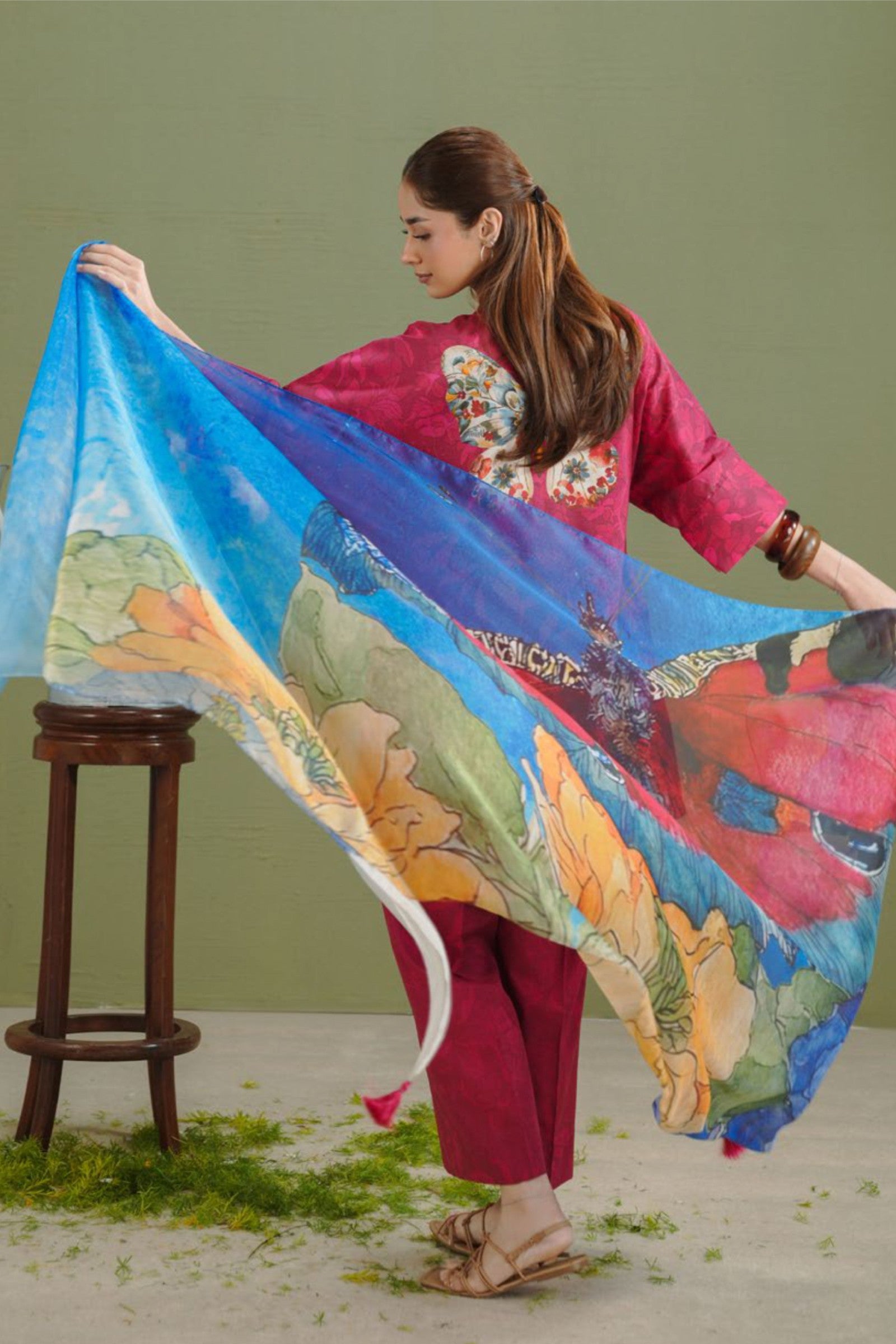 Cherry Red Shirt with Cobalt Blue Floral Dupatta