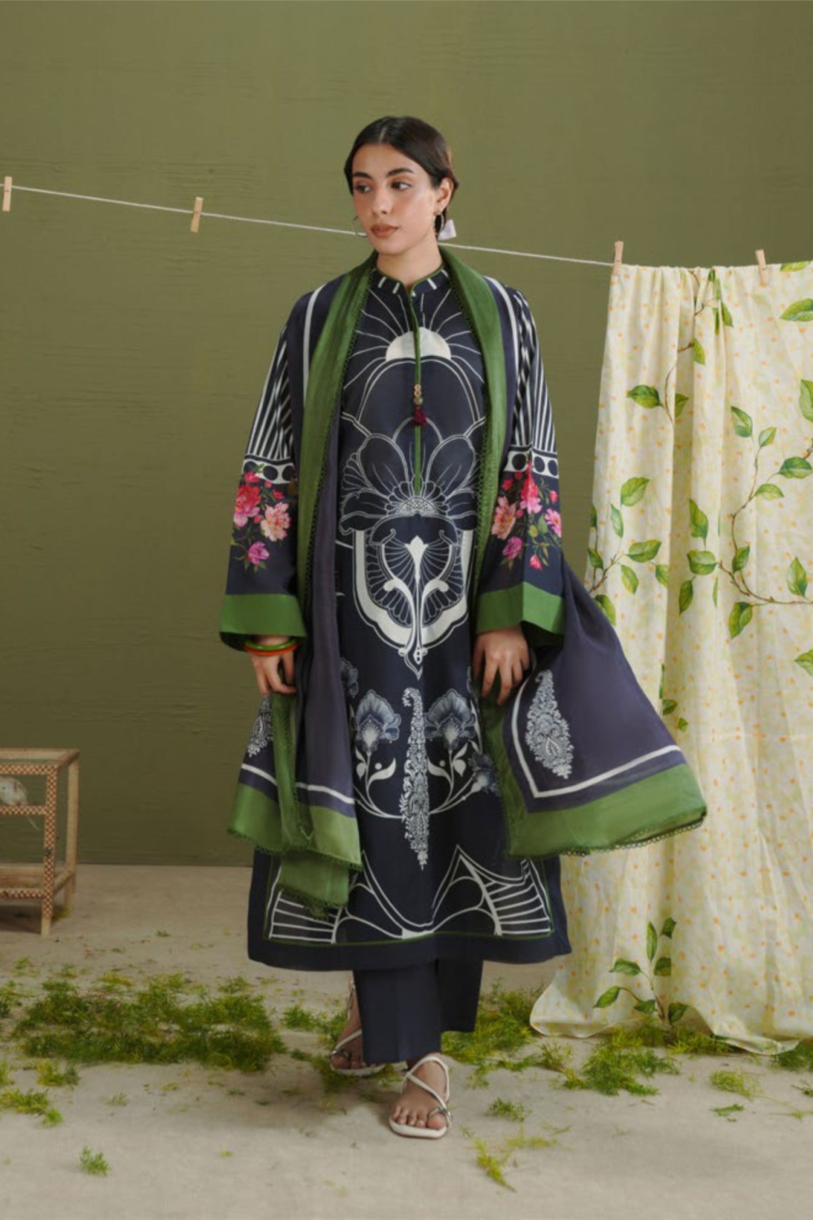 Charcoal Shirt with Black Floral Dupatta