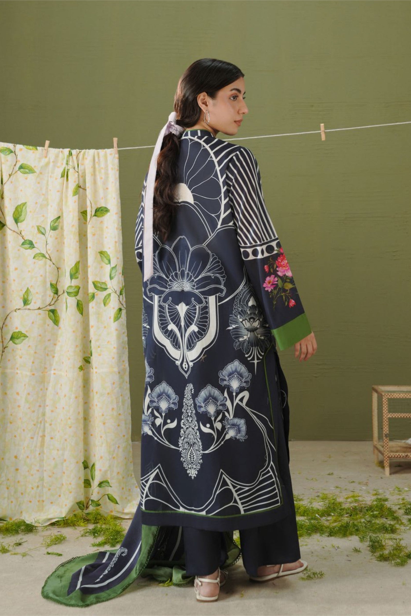 Charcoal Shirt with Black Floral Dupatta