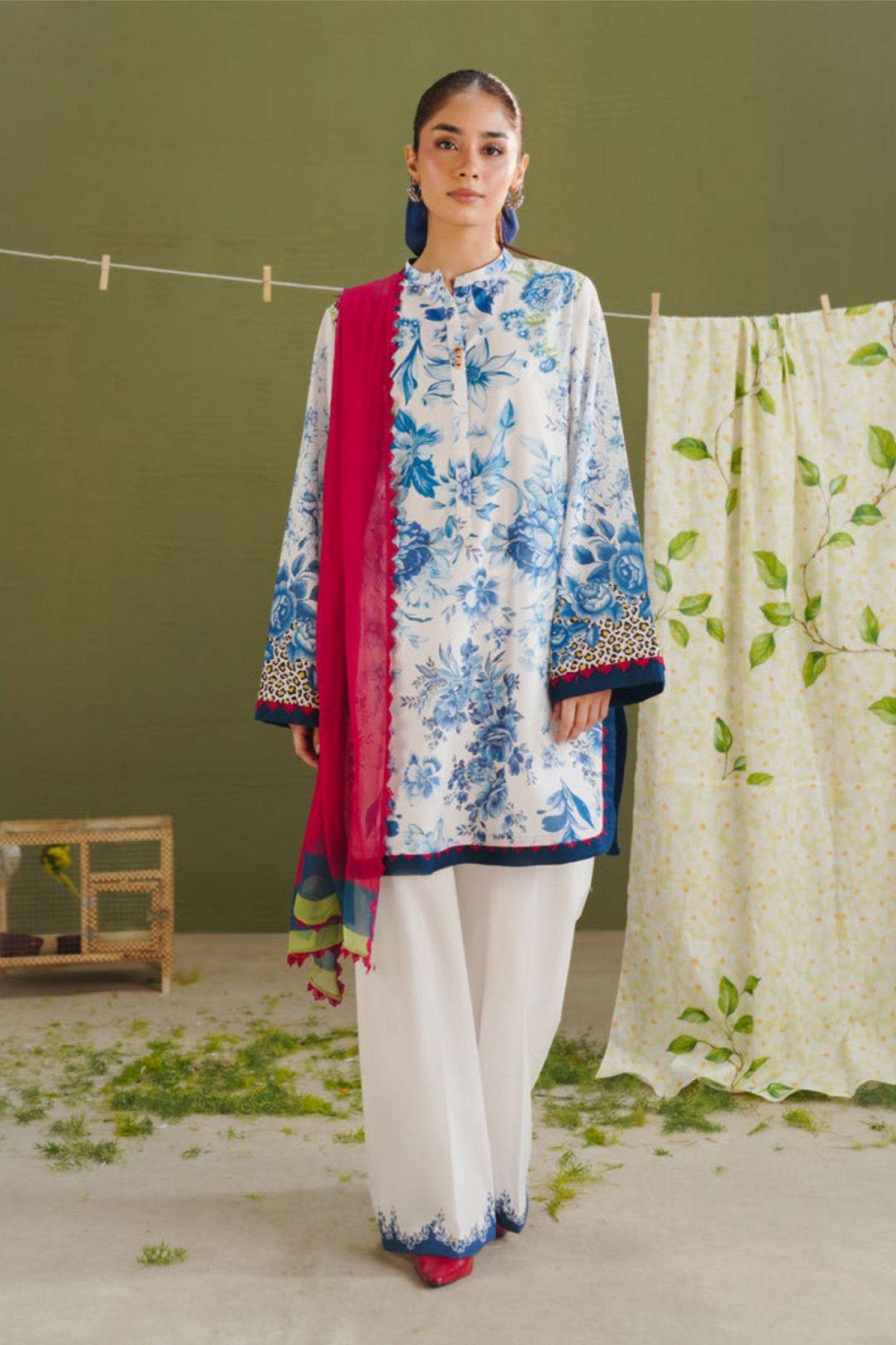 Pearl White & Hot Pink Printed Suit