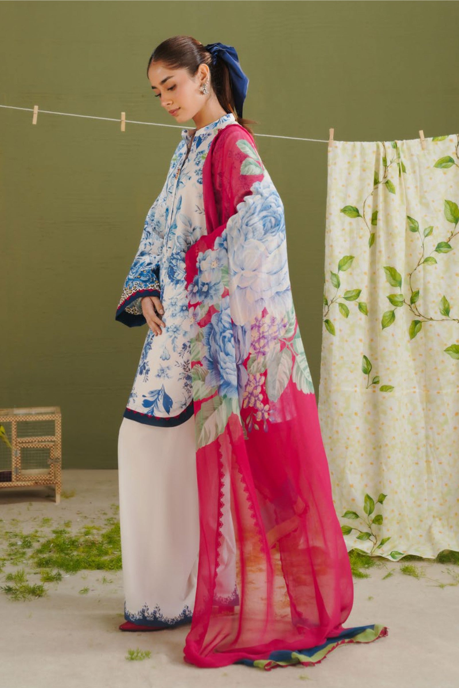 Pearl White & Hot Pink Printed Suit