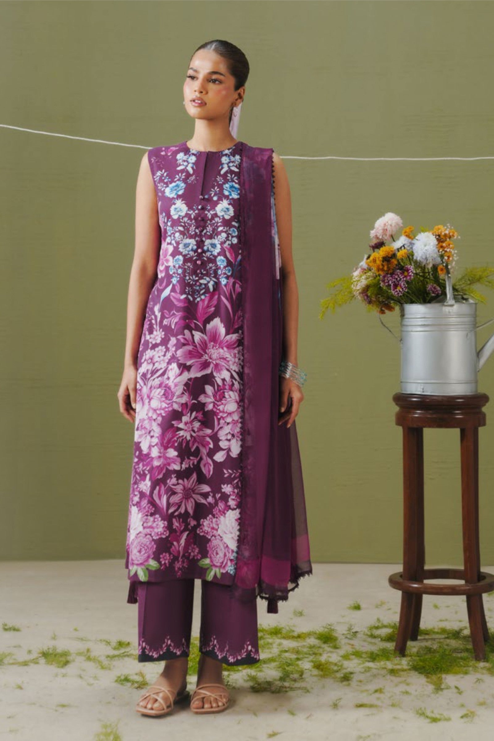 Mulberry Shirt with Purple Floral Dupatta