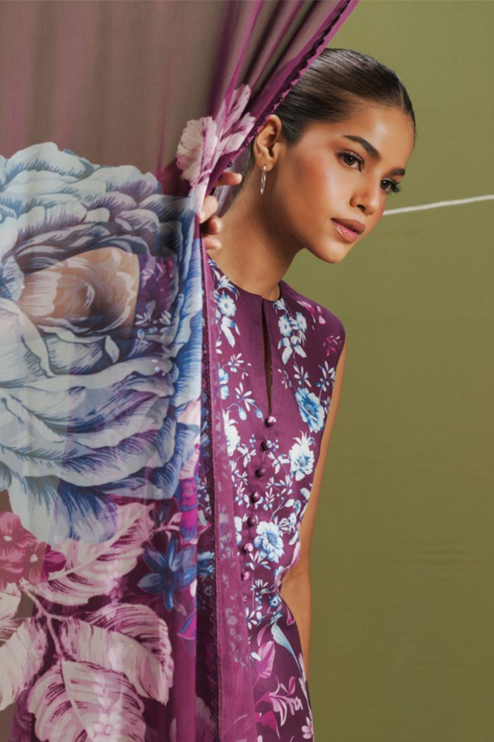 Mulberry Shirt with Purple Floral Dupatta