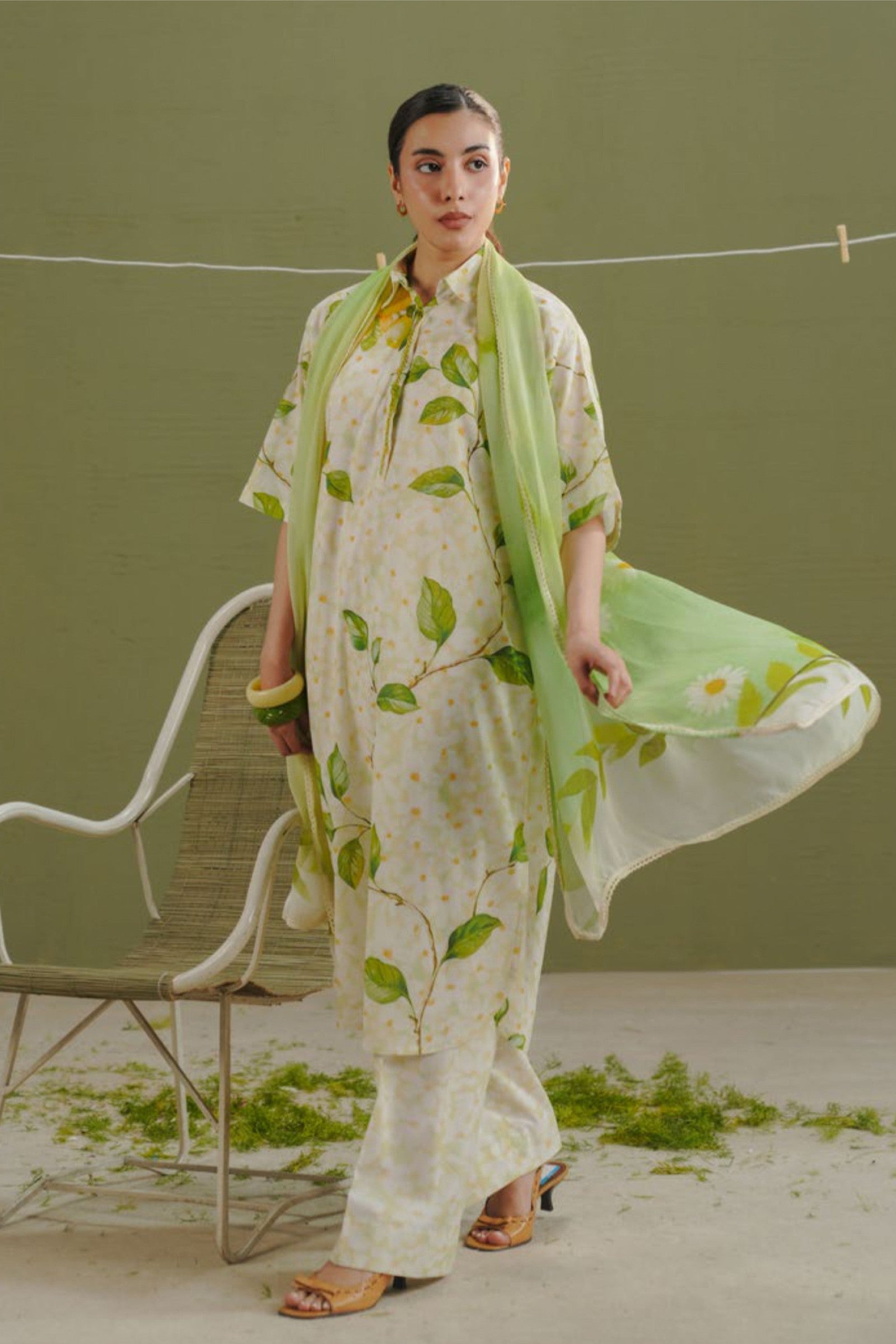 Daisy White Shirt with Lime Floral Dupatta