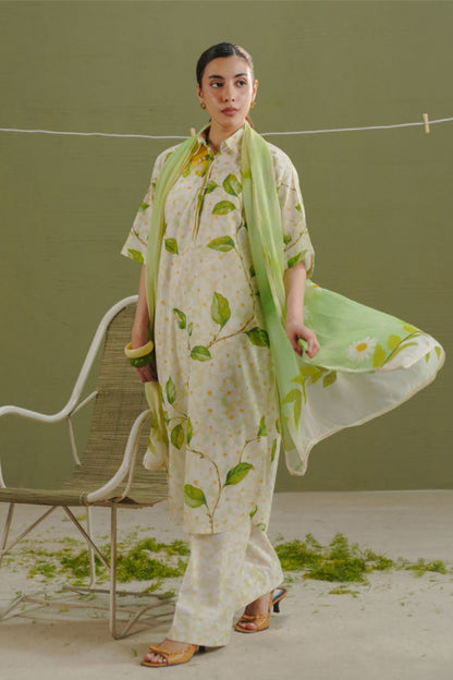 Daisy White Shirt with Lime Floral Dupatta