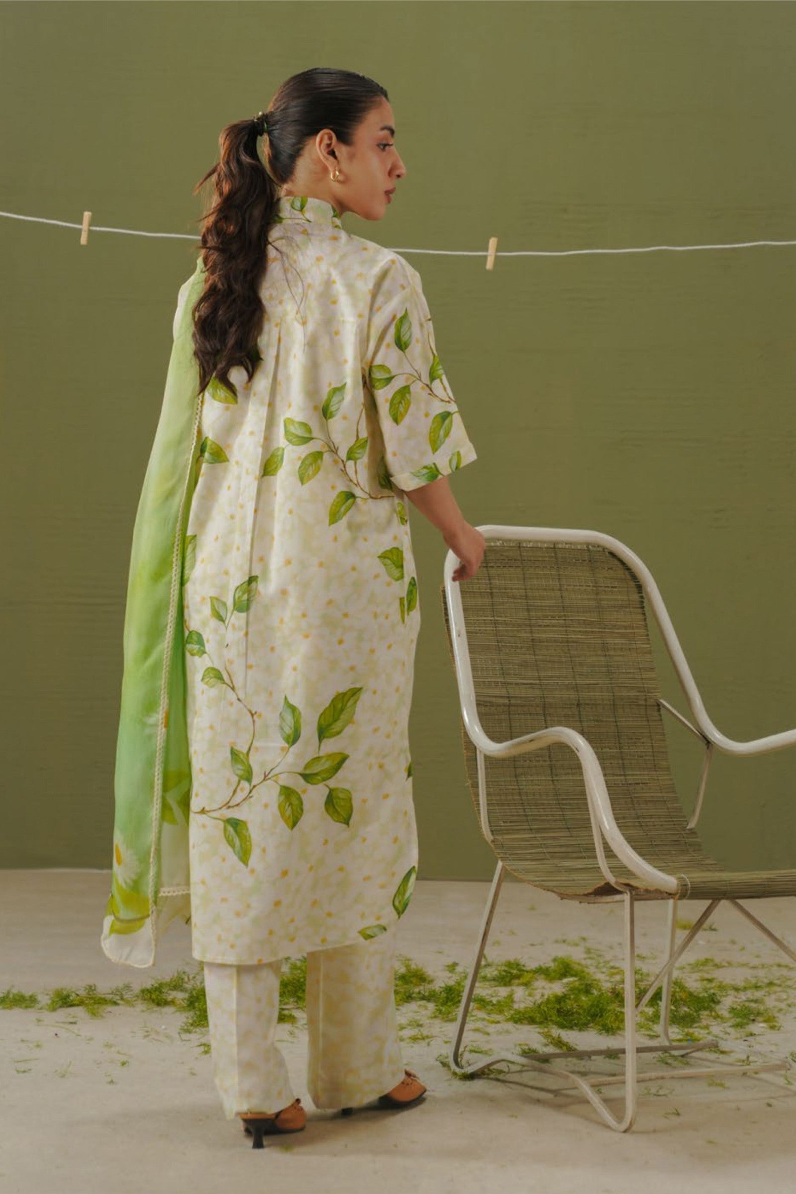 Daisy White Shirt with Lime Floral Dupatta