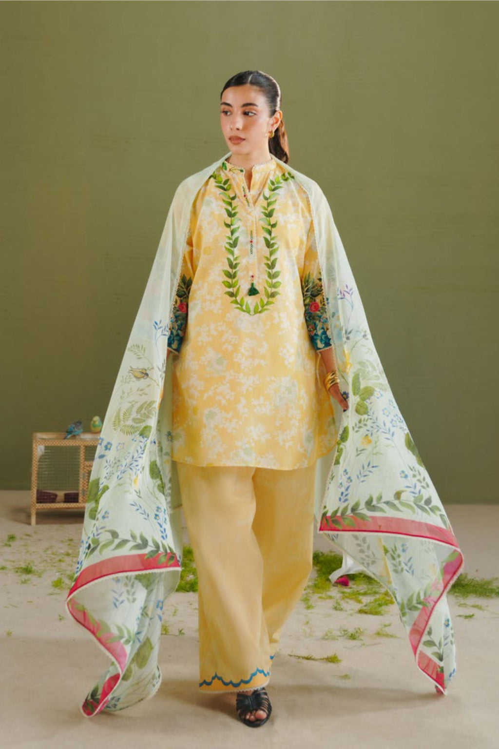 Yellow Shirt with Dusty Blue Floral Dupatta
