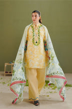 Yellow Shirt with Dusty Blue Floral Dupatta