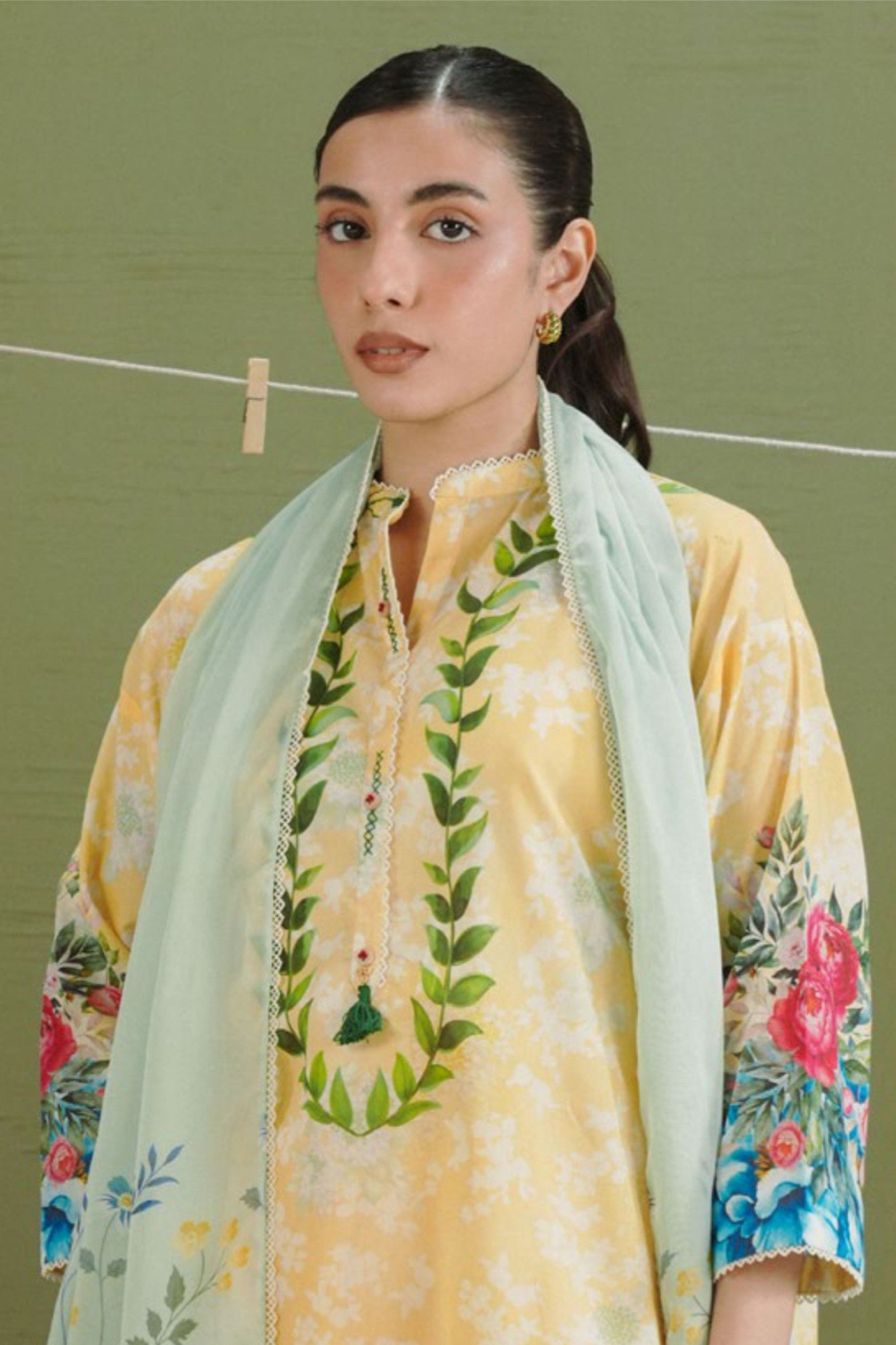 Yellow Shirt with Dusty Blue Floral Dupatta