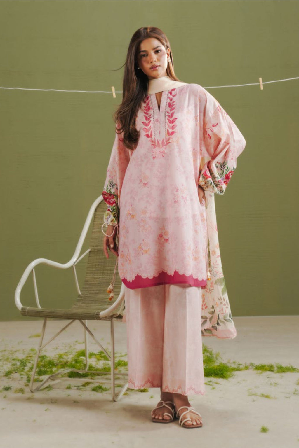 Blush Pink Shirt with Off-White Floral Dupatta