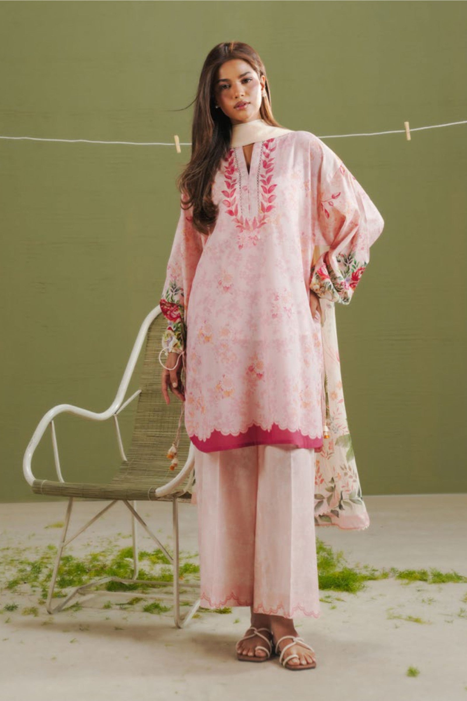 Blush Pink Shirt with Off-White Floral Dupatta