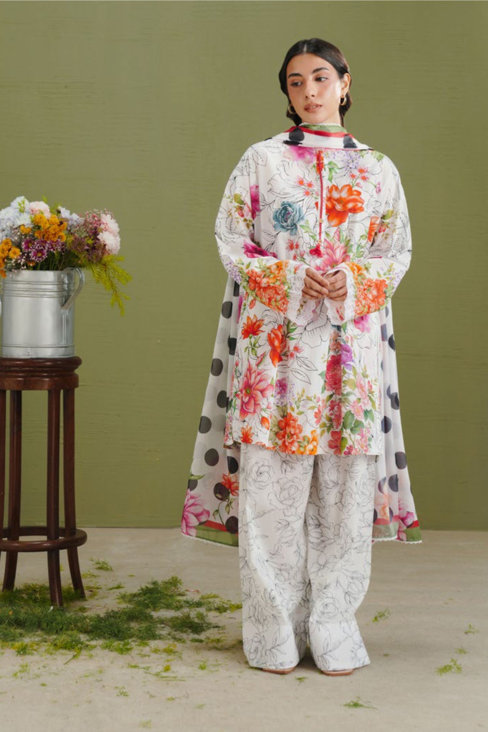 Black & White Shirt with Colorful Floral Dupatta