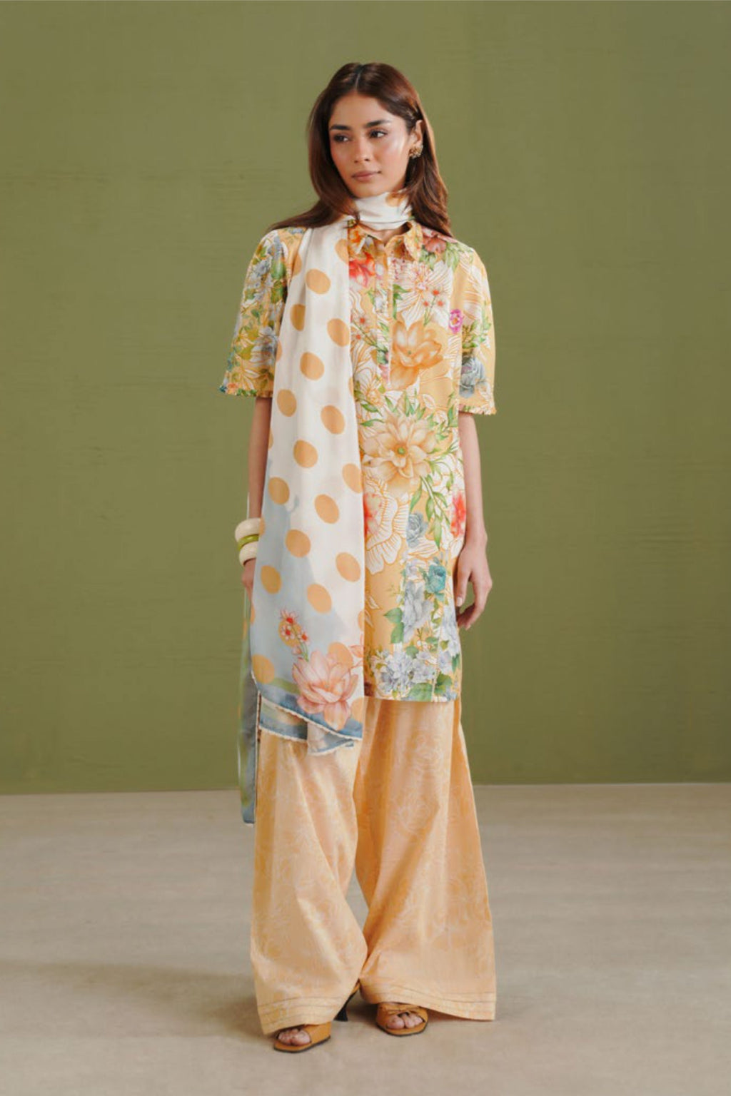 Yellow Shirt with Floral Dupatta