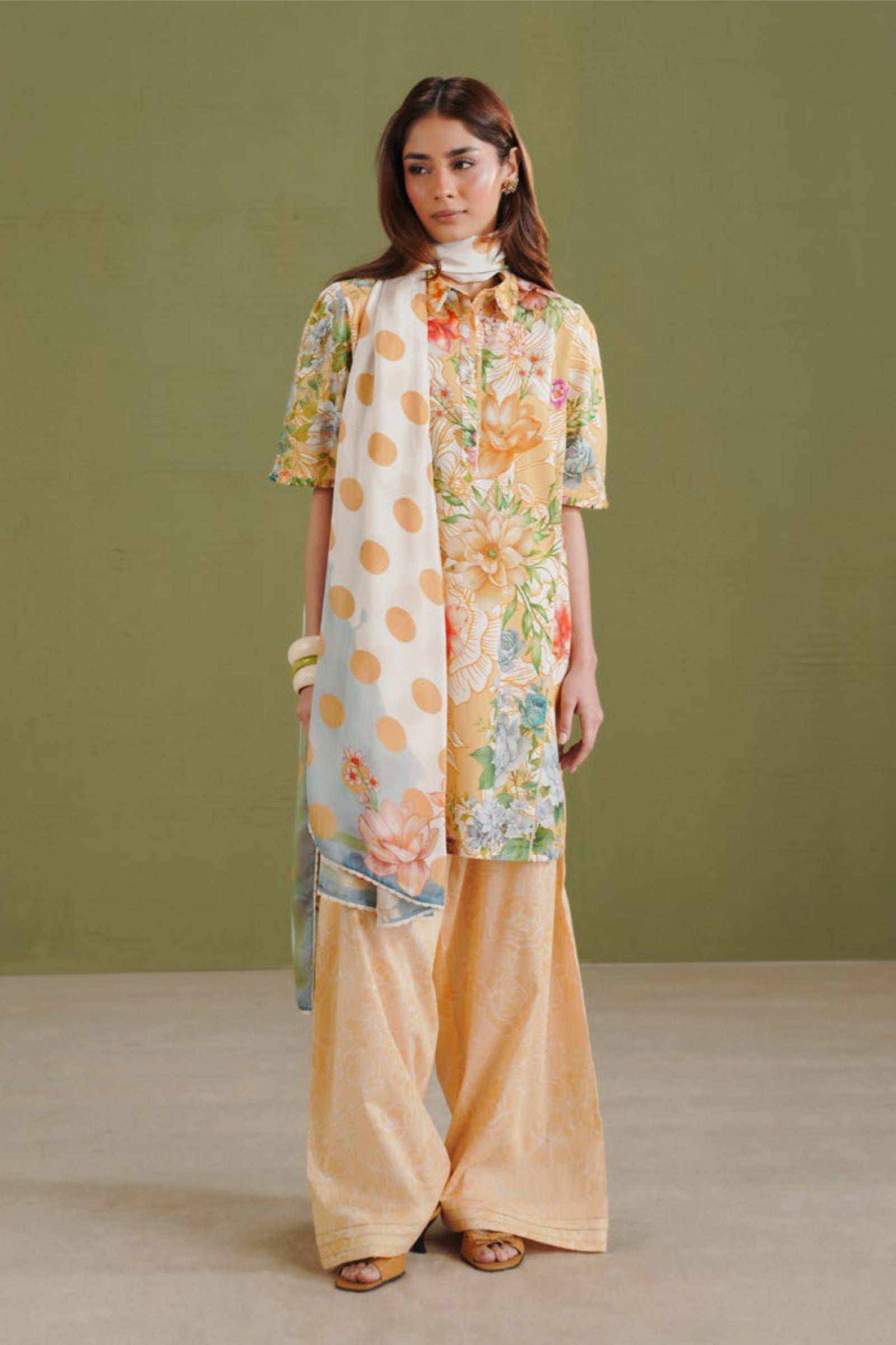 Yellow Shirt with Floral Dupatta