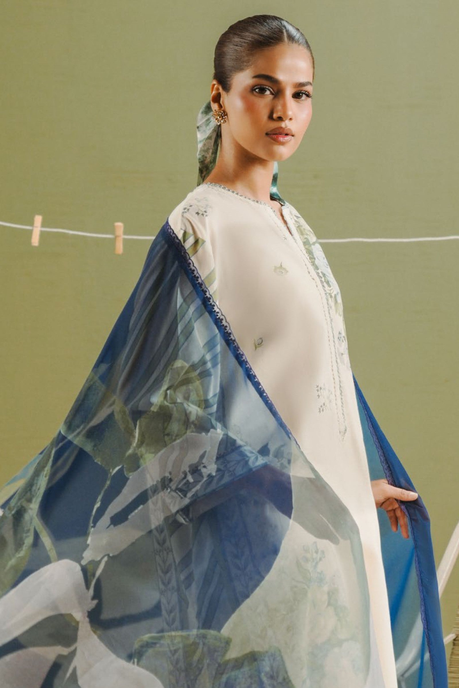 Off-White & Olive Green Floral Print