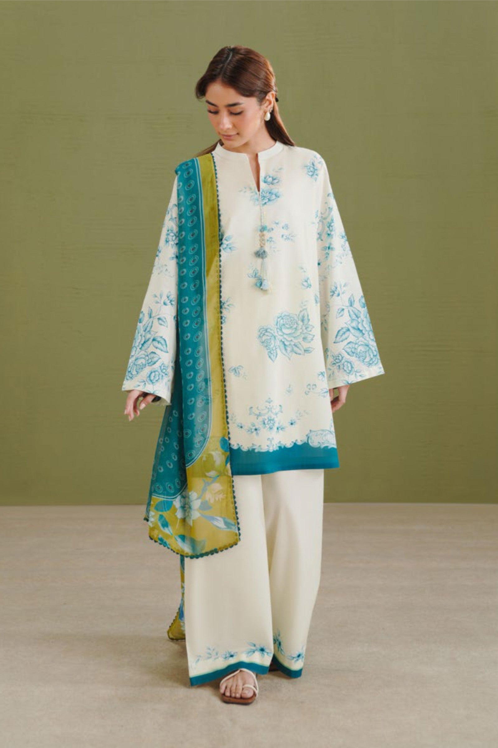 Off-White with Teal & Blue Floral Print