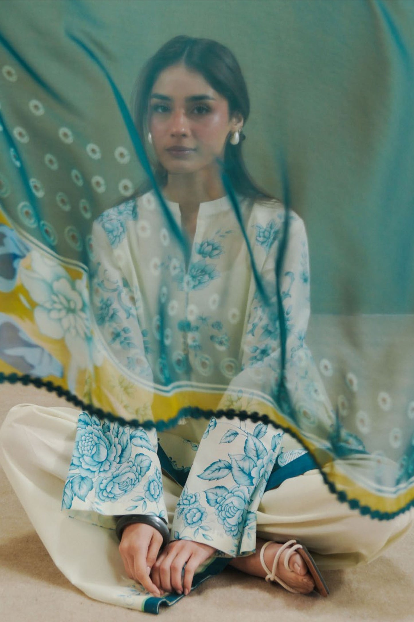 Off-White with Teal & Blue Floral Print