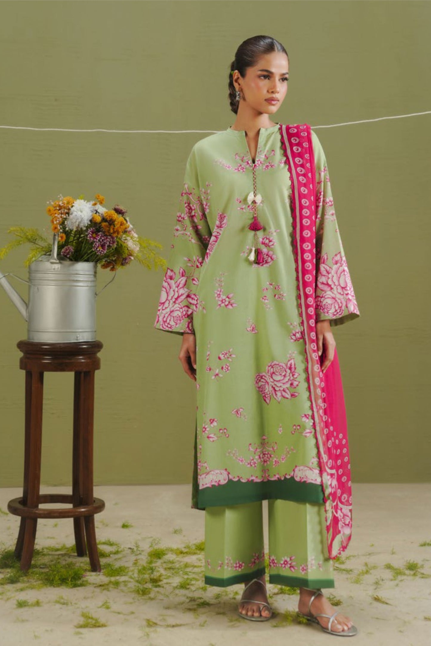Matcha Shirt with Pink Gara & Floral Print