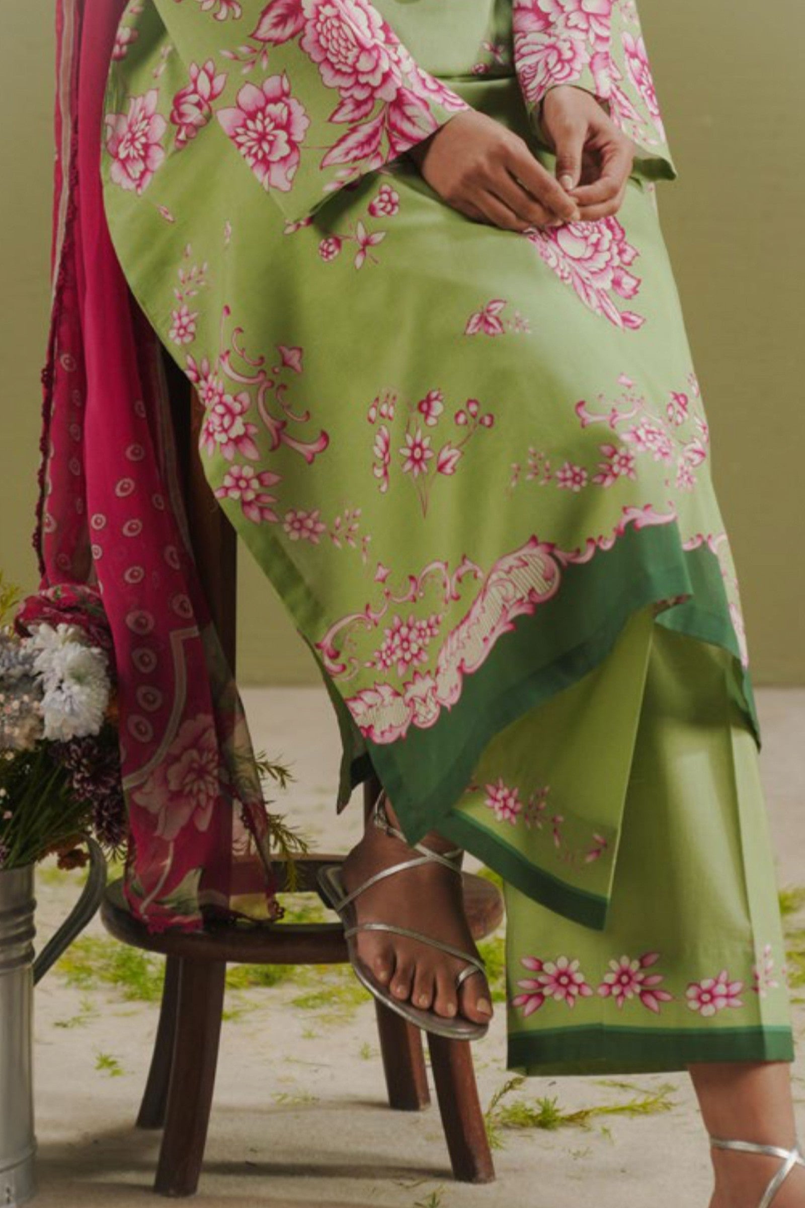 Matcha Shirt with Pink Gara & Floral Print