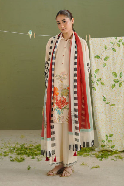 Vanilla Floral with Crimson Dupatta Print