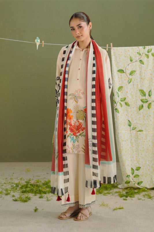 Vanilla Floral with Crimson Dupatta Print