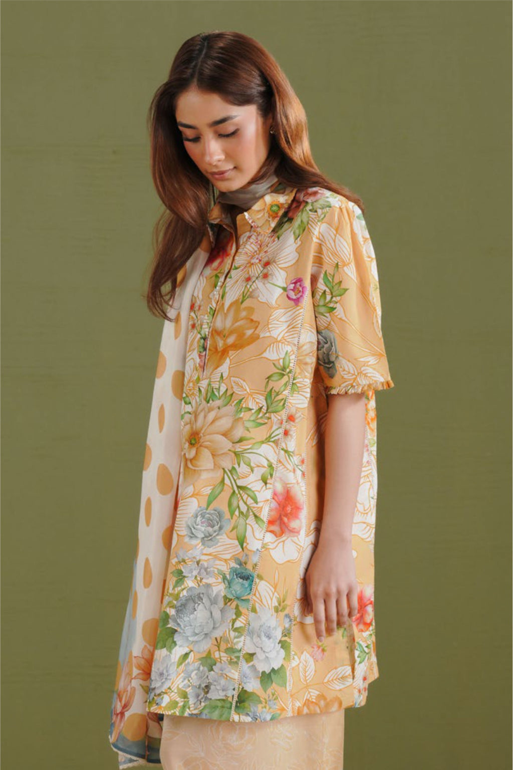 Yellow Shirt with Floral Dupatta